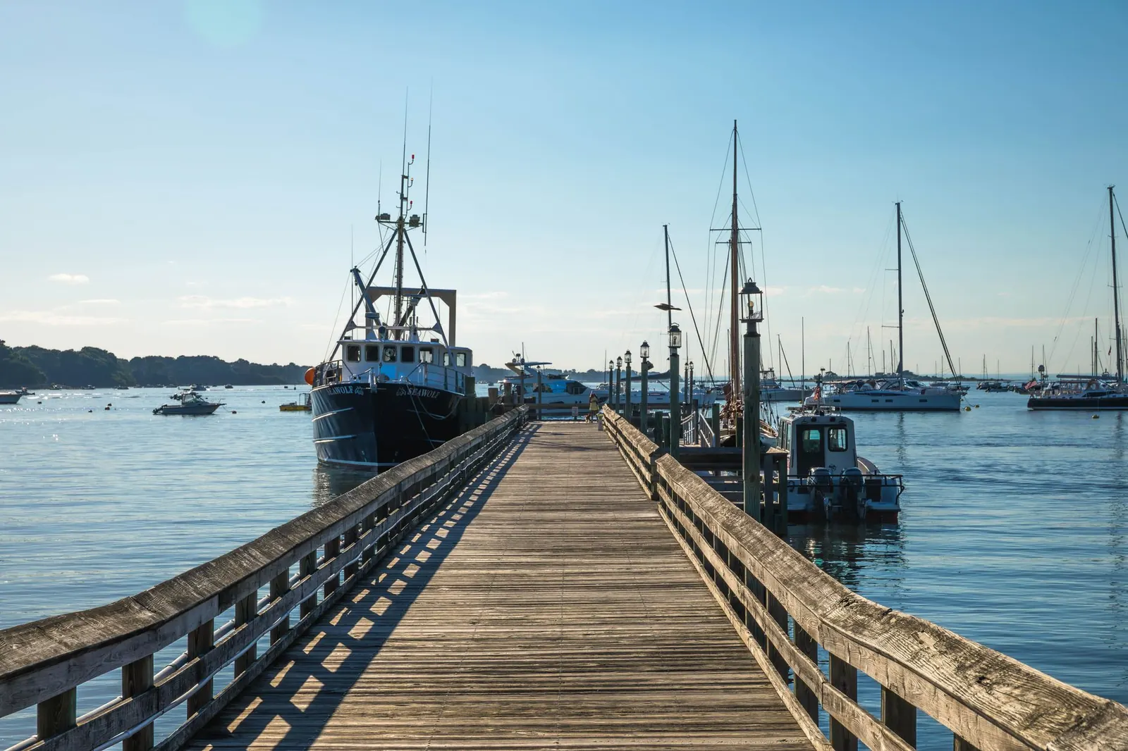 Long wooden pier reaching into a calm harbor with moored boats